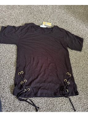 Michael Kors Black Short Sleeve Tee with Gold Eyelet Detail